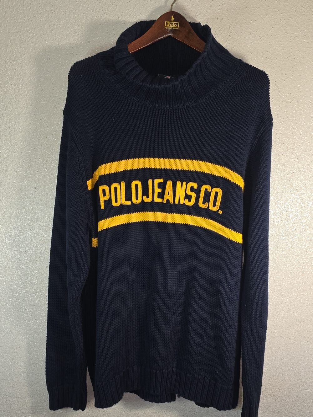 Polo By Ralph Lauren Vintage Men's Navy Turtleneck Sweater with Yellow Logo